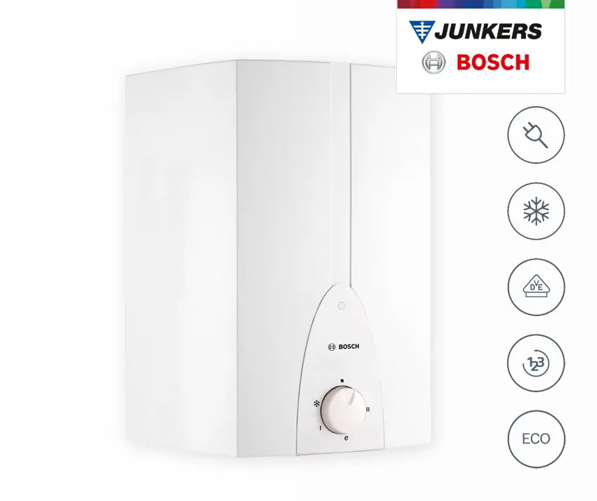 Weißer Boiler von Bosch mit einer Drehregler-Einstellung. Dezent und kompakt für die Montage über der Arbeitsfläche. Symbole für Strom, Kühlung und Eco-Funktion.